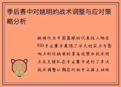 季后赛中对姚明的战术调整与应对策略分析